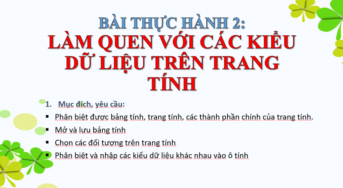 Bài thực hành 2: Làm quen với các kiểu dữ liệu trên trang tính