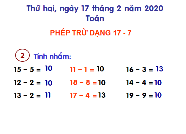 Phép trừ dạng 17-7_TH&THCS Vĩnh Trị_Vĩnh Hưng